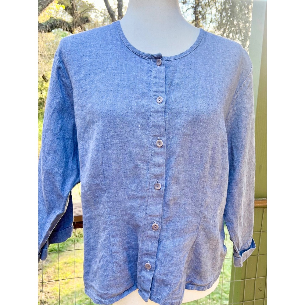 Flax Womens M Blue 100% Linen Button Down Shirt 3/4 Sleeve Top Lagenlook